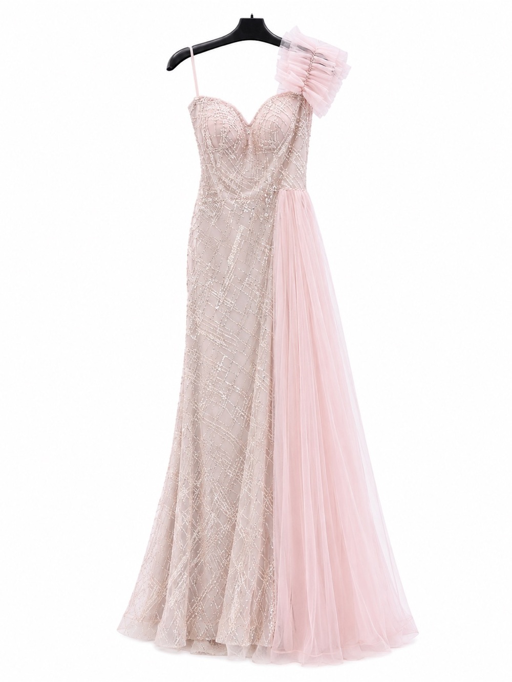 Catwalk 10313 Pink One-Shoulder Evening Gown with Tulle Draping